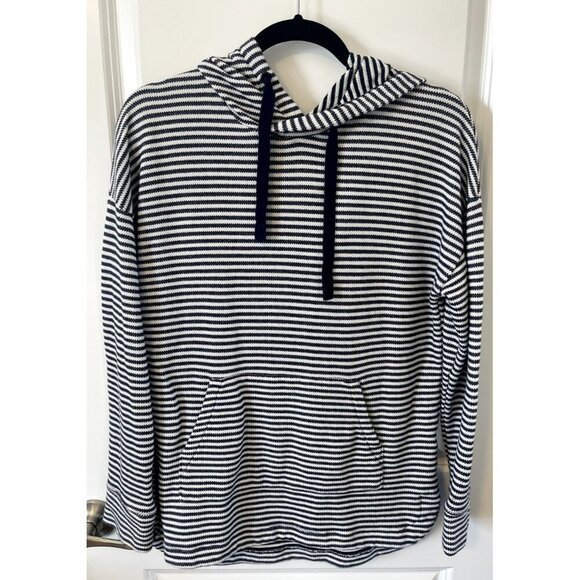 A New Day Womens Navy White Striped Hoodie S Pocket Knit Sweater soft drawstring - Picture 1 of 4
